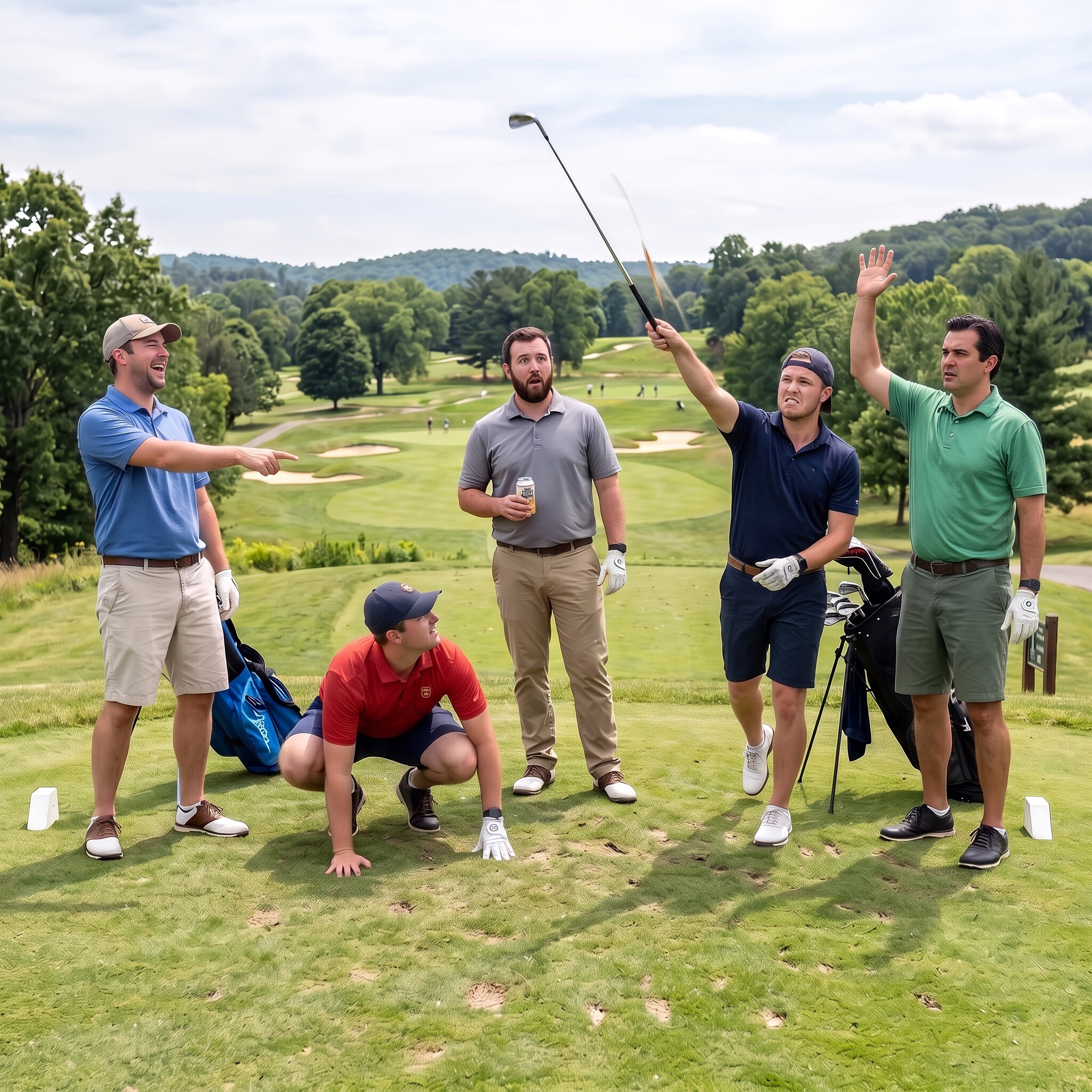 Group of golfers in a scramble golf outing on tee box