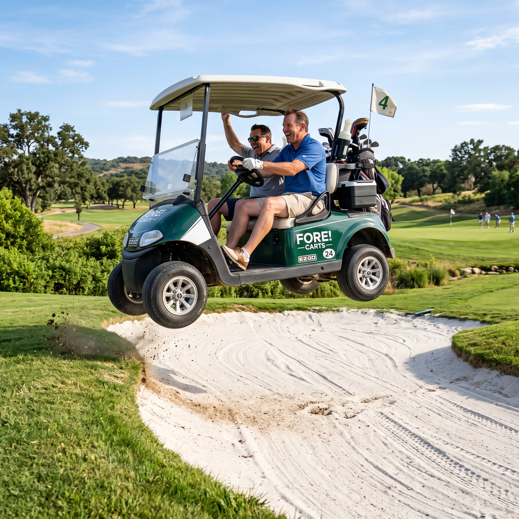 golfers driving cart airborne over a bunker