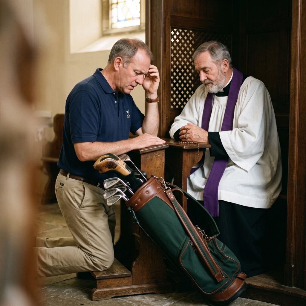 Golfer confessing lies to priest