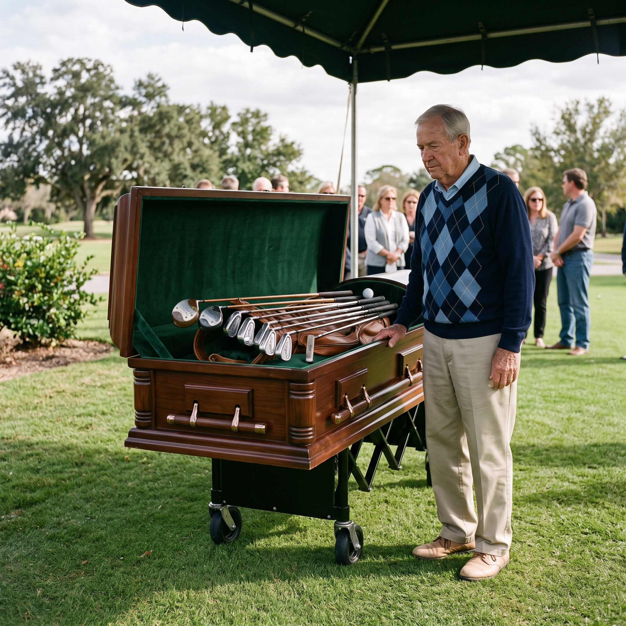 golfer mourning his golf clubs