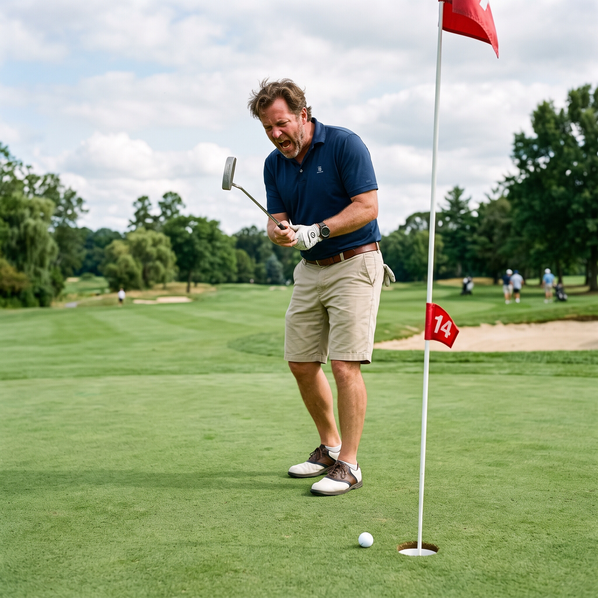 man yelling at putter on golf course