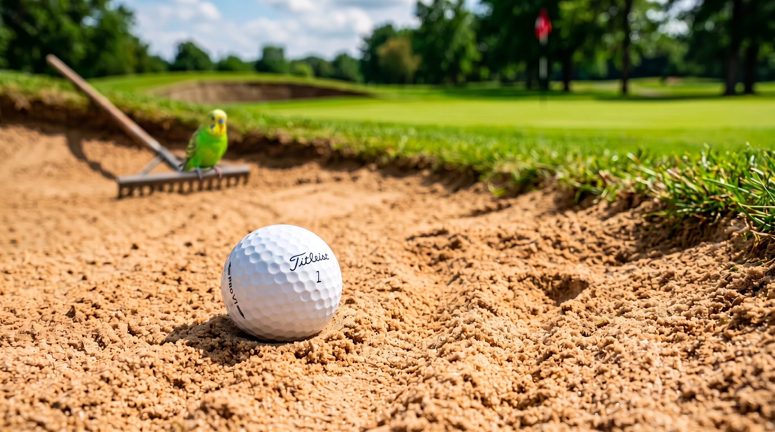 parrot on rake in sandtrap on golf course