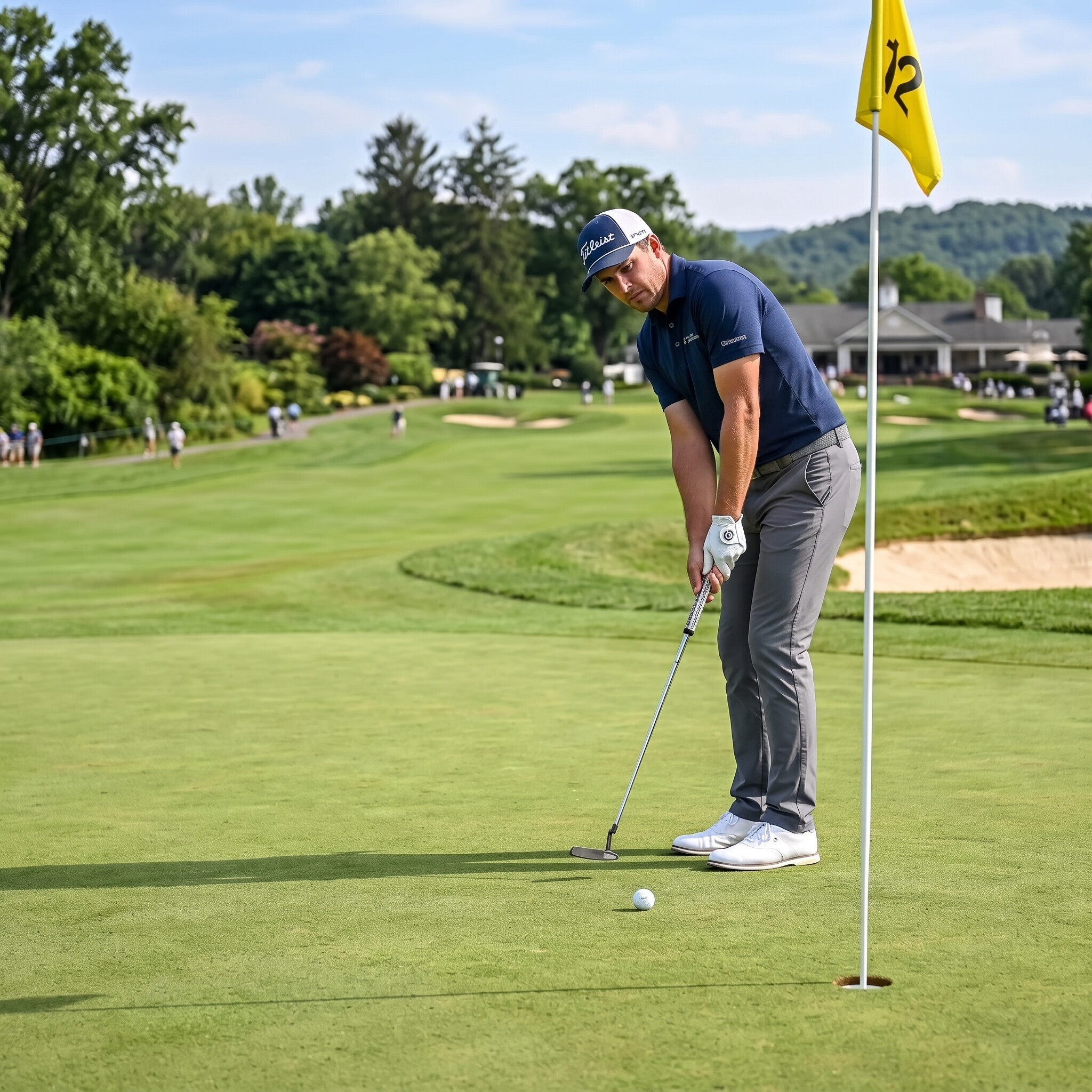 golfer putting on the green during a tournament with fans watching