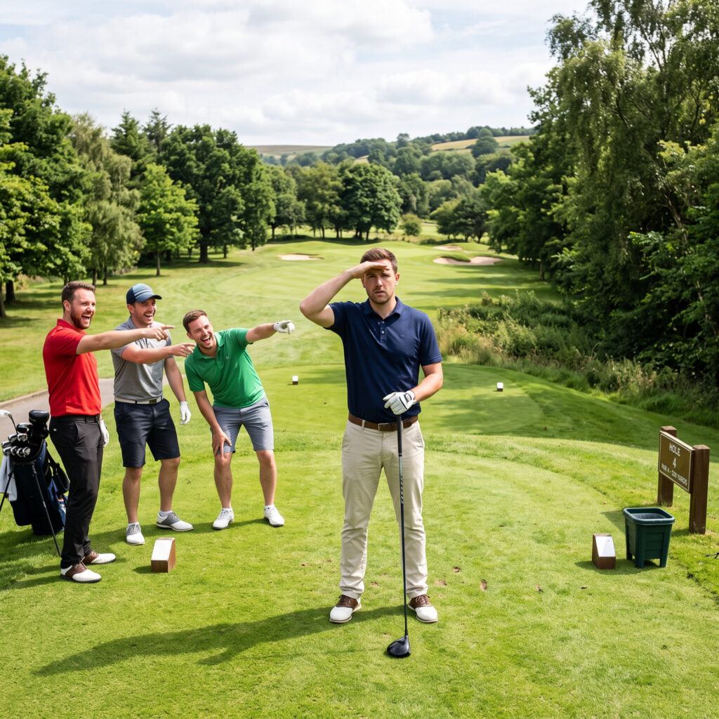 guy slices his drive as his buddies look and laugh
