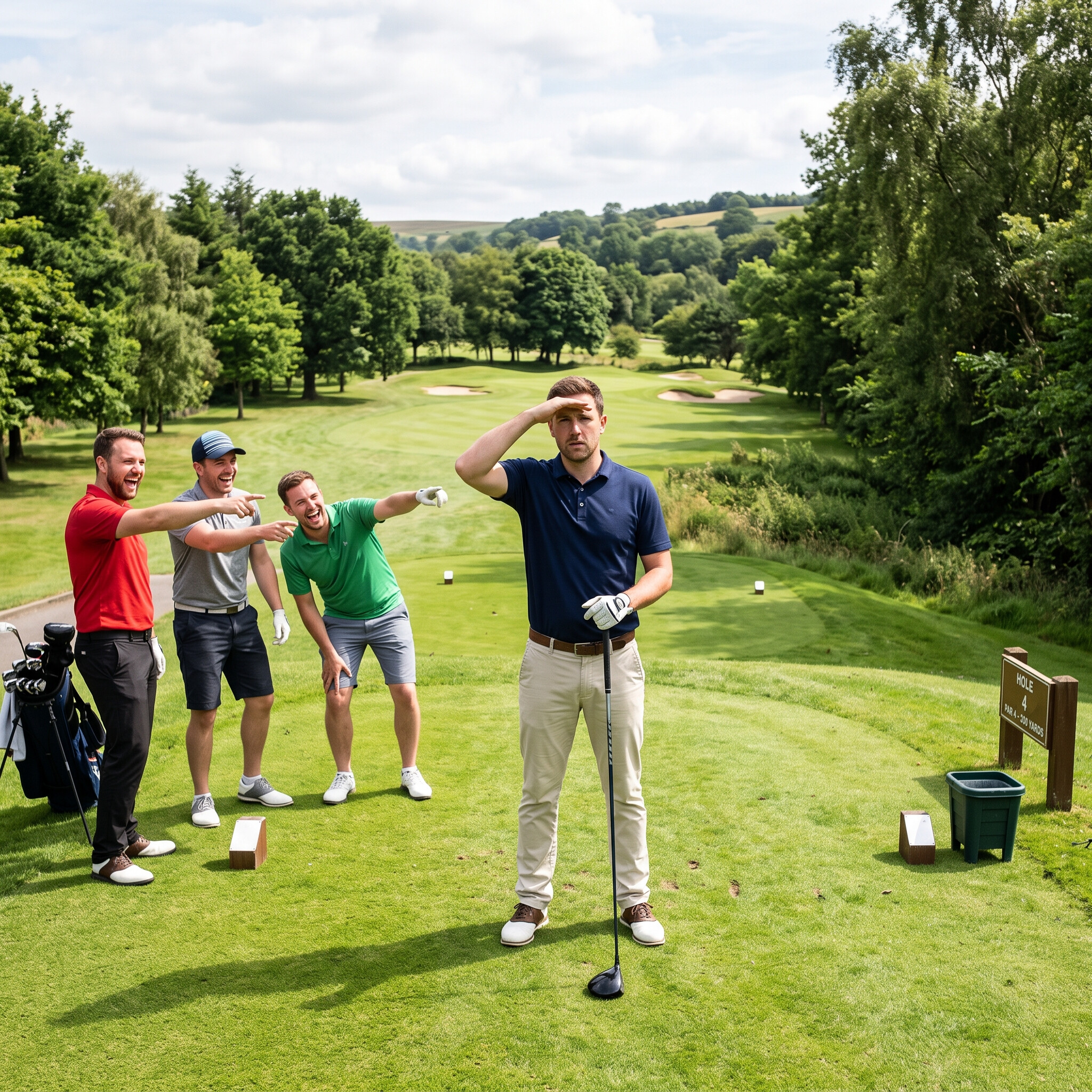 golfer looking for tee shot while friends laugh at where the ball went