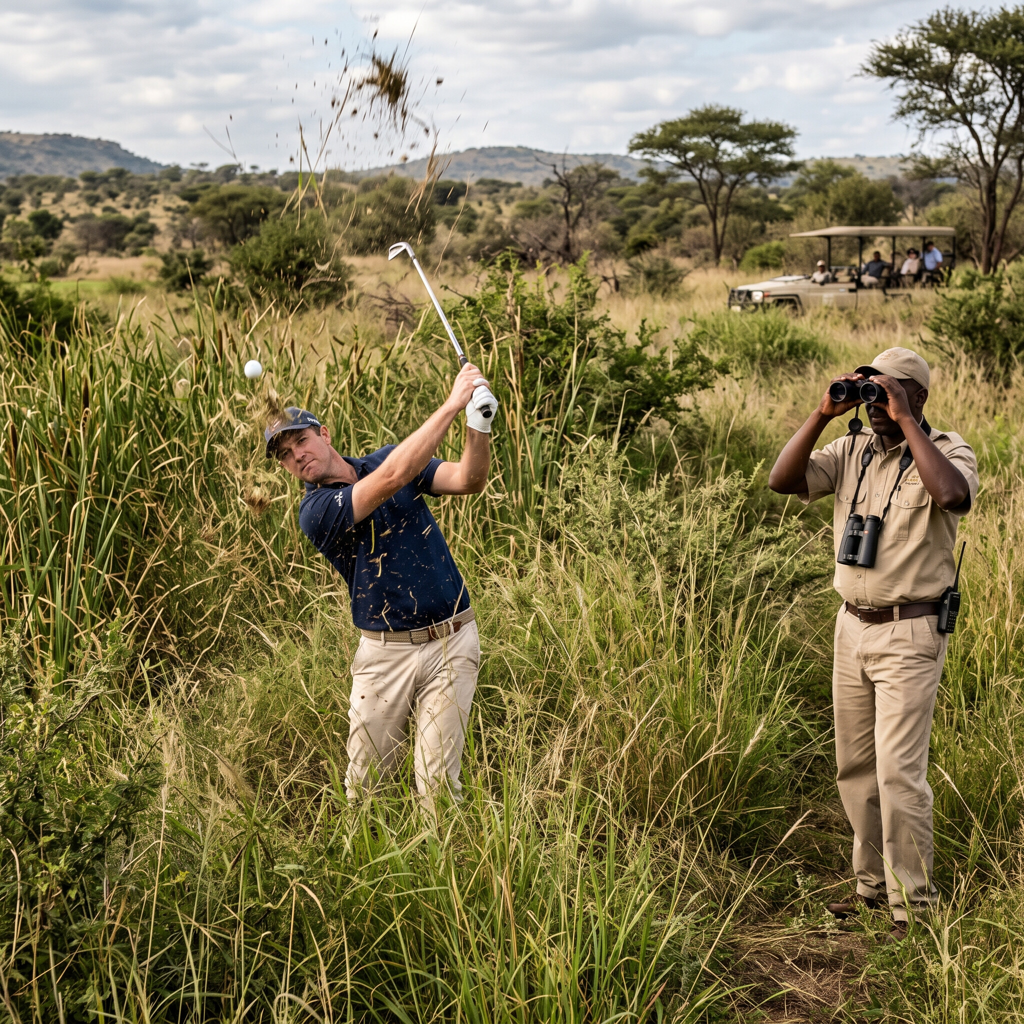 golfer hitting from ridiculously high rough with safari guide spotting with binoculars