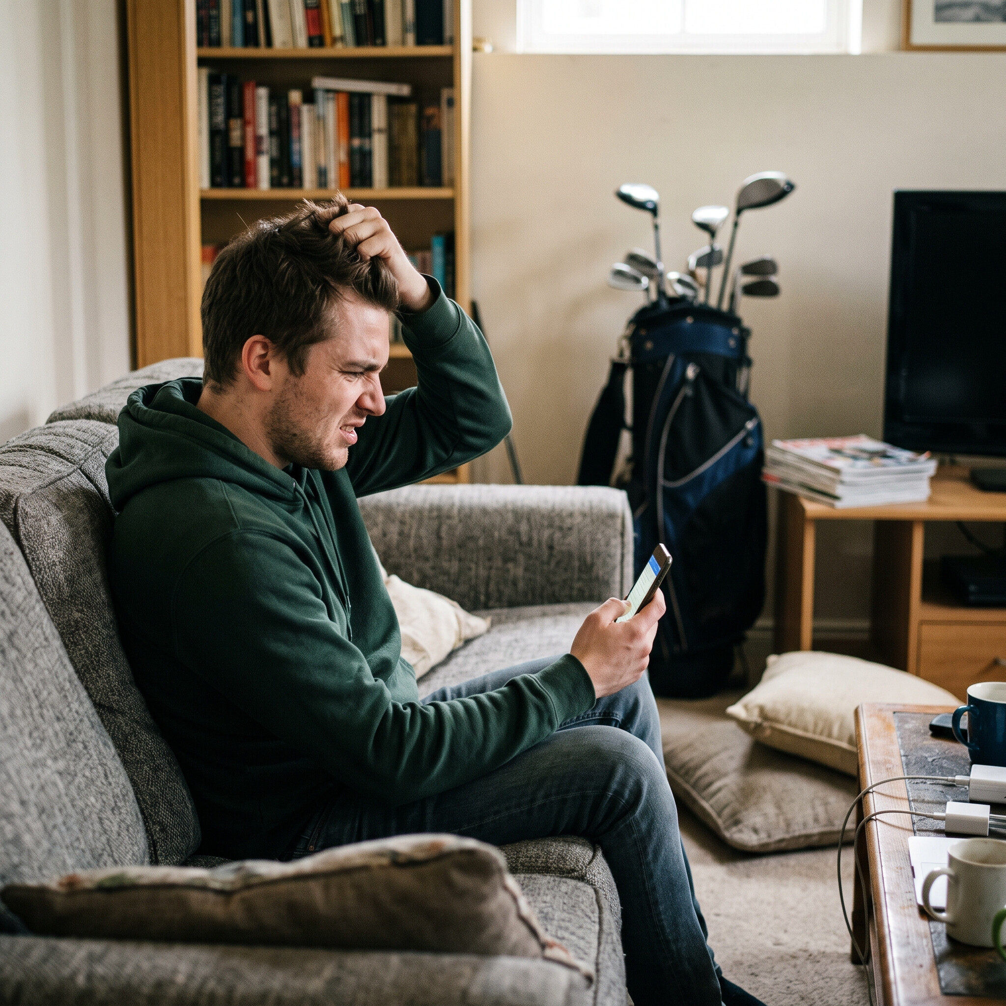 golfer pulling his hair out looking at group text