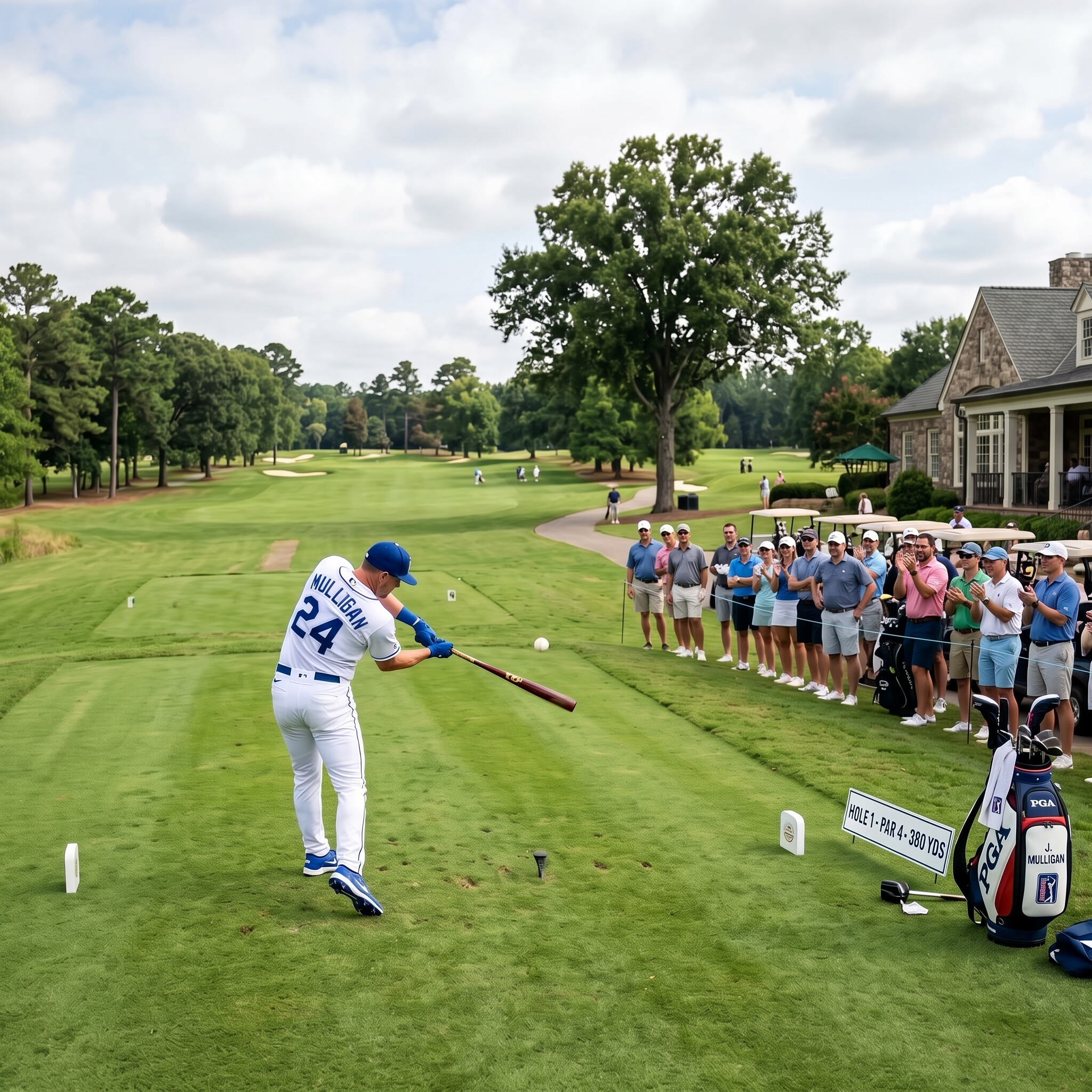 Baseball player Mulligan tees off with baseball bat